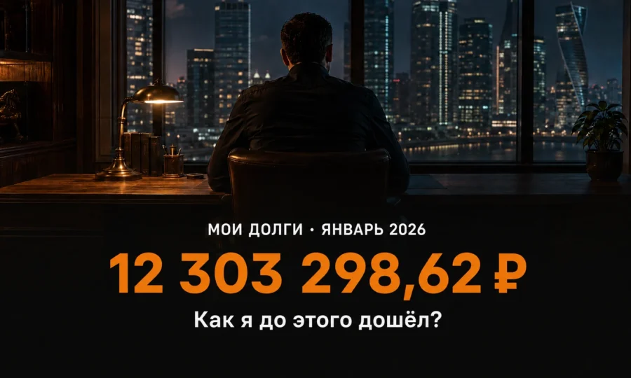 Иллюстрация: предприниматель со спины в тёмном кабинете. Мои долги в январе 2026 — 12 303 298,62 ₽. Как я до этого дошёл?